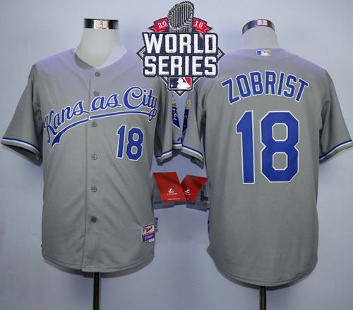 Royals #18 Ben Zobrist Grey Cool Base W/2015 World Series Patch Stitched MLB Jersey - Click Image to Close